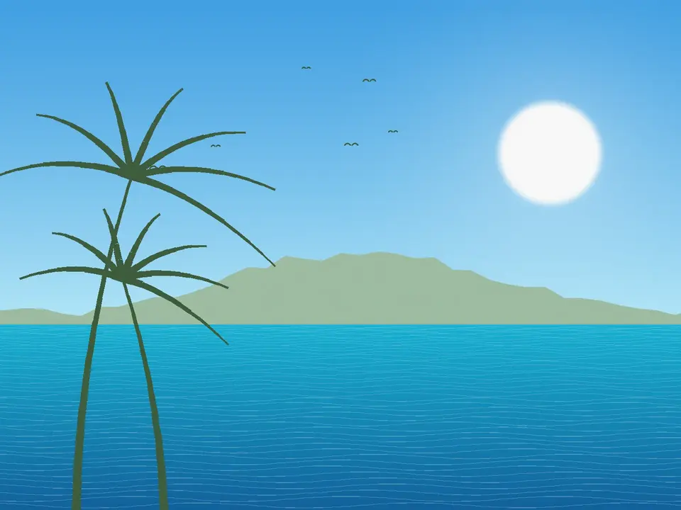 Ilustración de una isla con palmeras y mar turquesa