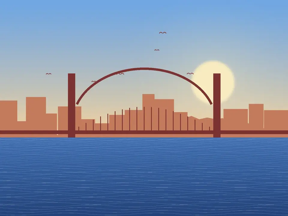 Ilustración de Lisboa con su puente sobre el río al atardecer