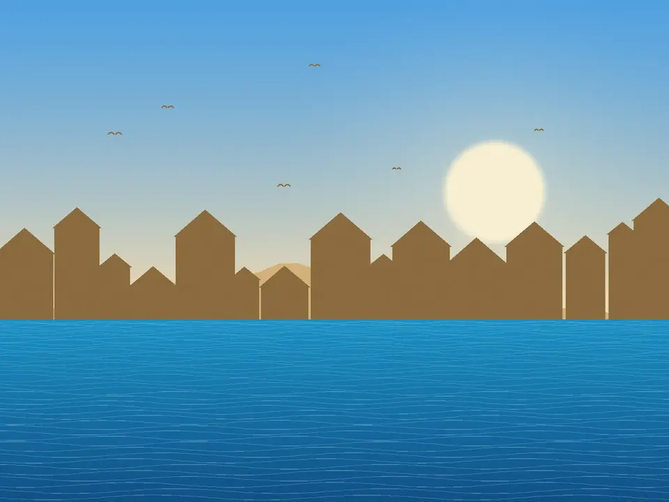 Ilustración de casas de piedra dorada junto al mar