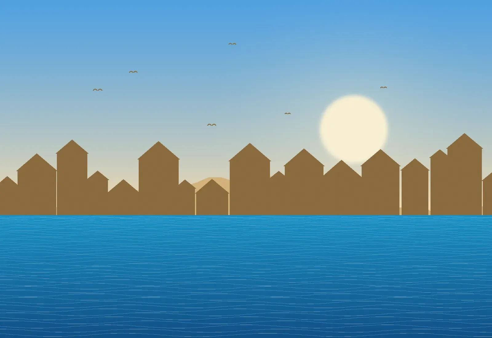 Ilustración de casas de piedra dorada junto al mar