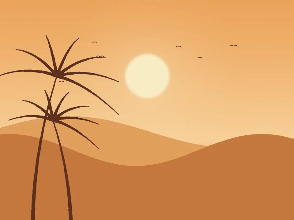 Ilustración de dunas y palmeras al atardecer