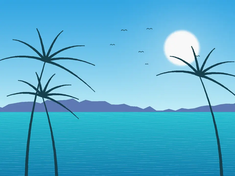 Ilustración de una playa caribeña con palmeras